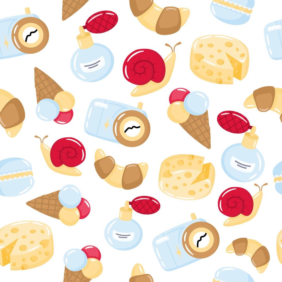 dessin animé mignon français doodles vecteur modèle sans couture. illustration avec appareil photo, parfum, fromage, macaron, croissant, crème glacée, escargot. impression pour tissu, textile, papier d'emballage.