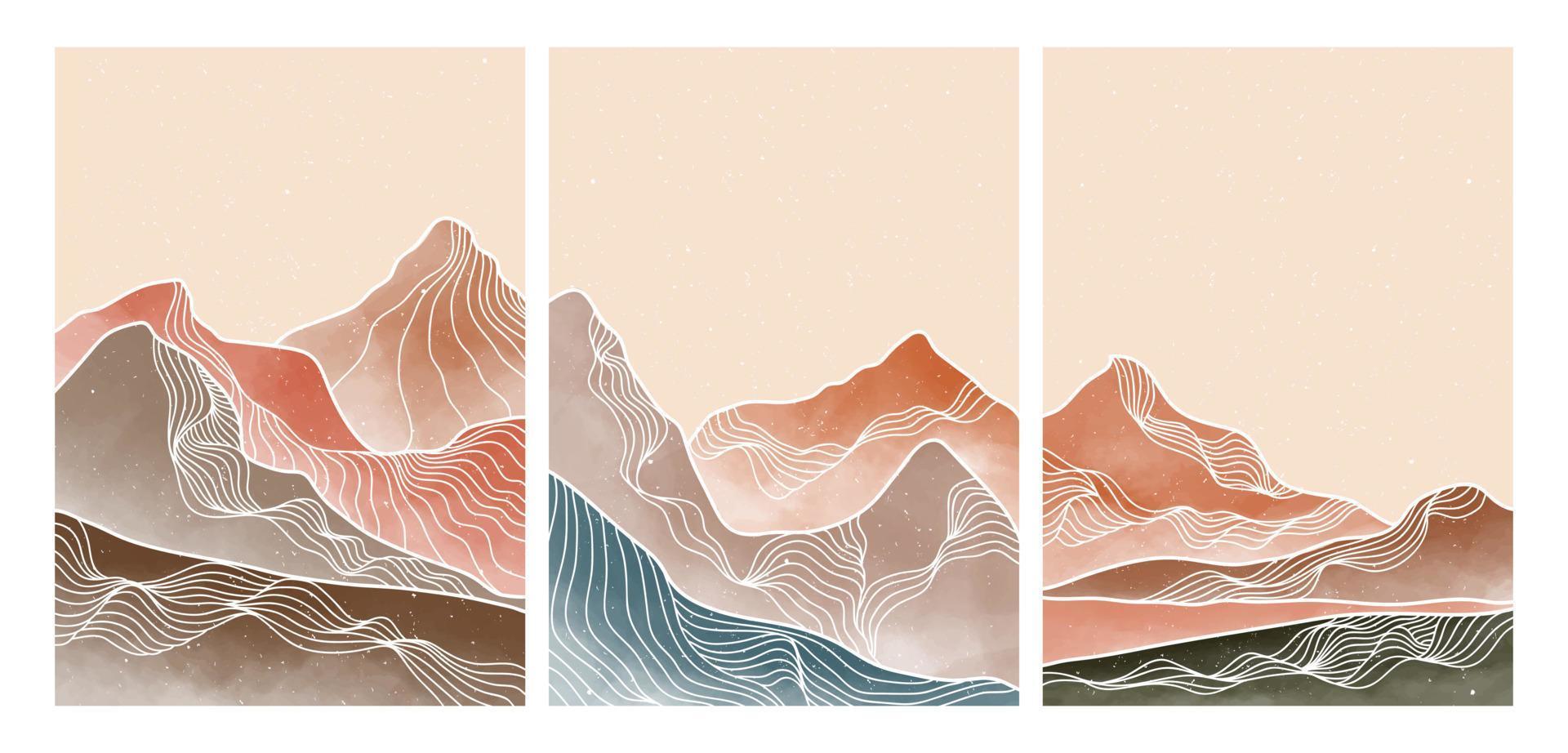 montagne abstraite naturelle sur le plateau avec dessin au trait. impression d'art minimaliste moderne du milieu du siècle. paysage d'arrière-plans abstraits. illustrations vectorielles vecteur
