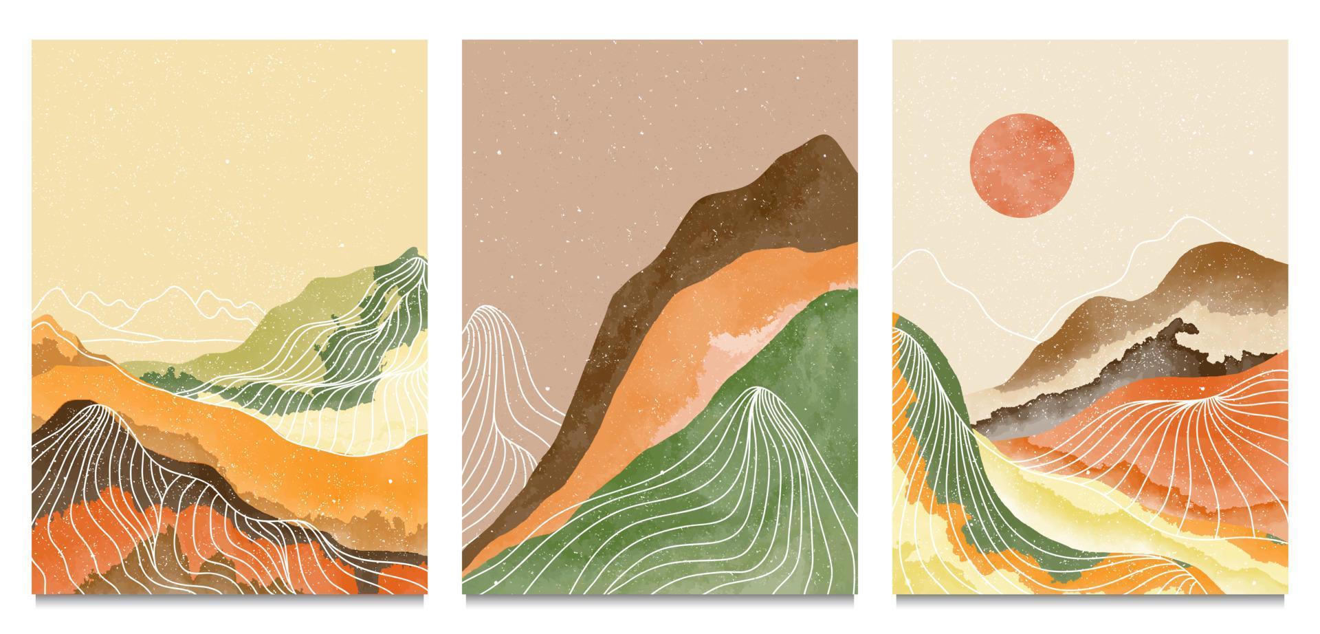 montagne abstraite naturelle sur le plateau avec dessin au trait. impression d'art minimaliste moderne du milieu du siècle. paysage d'arrière-plans abstraits. illustrations vectorielles vecteur