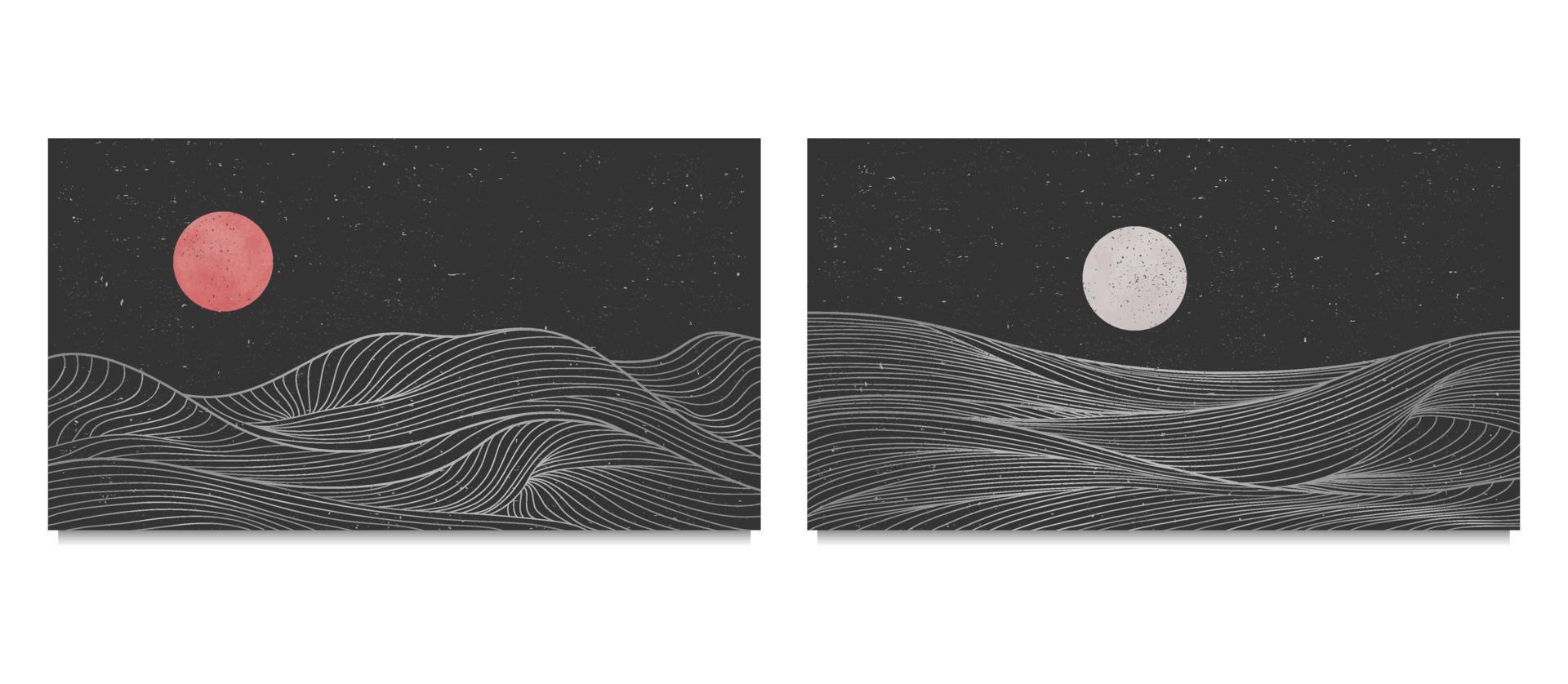 impression d'art de ligne de montagne. paysages abstraits d'arrière-plans esthétiques contemporains de montagne. avec montagne, mer, ligne d'horizon, vague. illustrations vectorielles vecteur