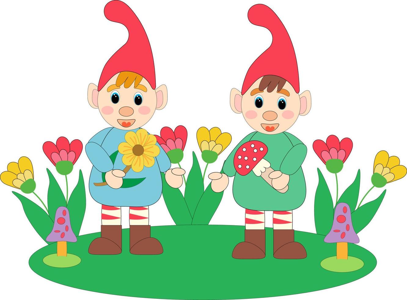 gnomes fantastiques de conte de fées. ensemble de dessins animés de nains de jardin d'illustrations amusantes. illustration plate de vecteur. vecteur