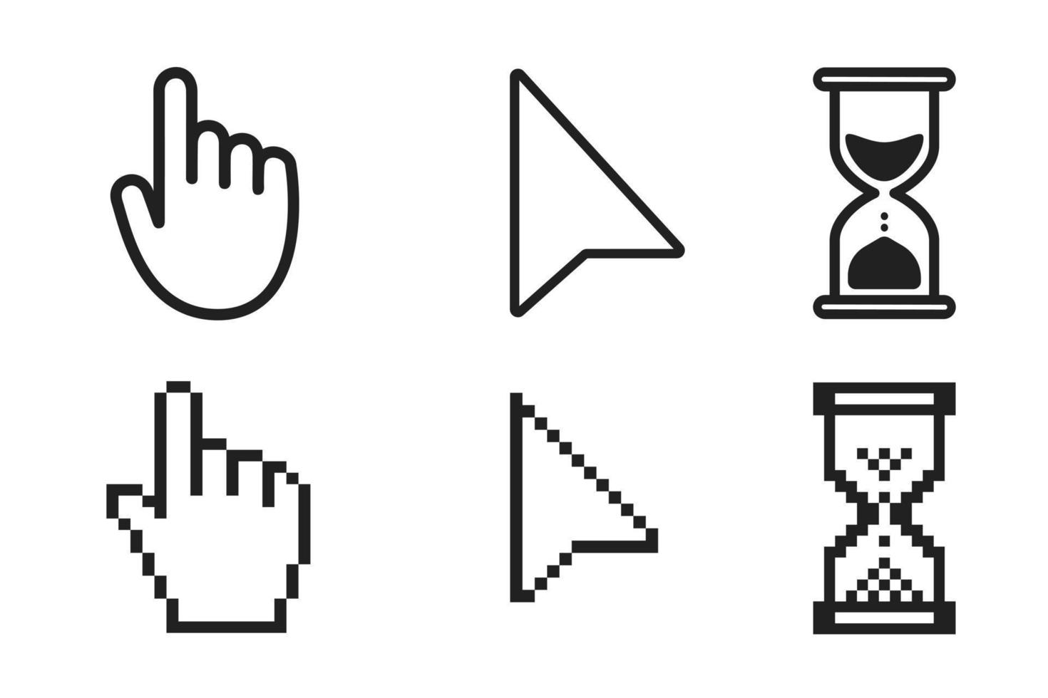 horloge de chargement de sablier noir, main de pointeur et signe d'icône de curseurs de souris flèche vecteur