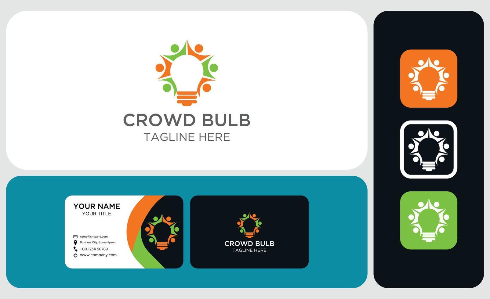 paquet de conception de carte de visite et de logo. design créatif coloré avec une foule de personnes formant une ampoule. vecteur