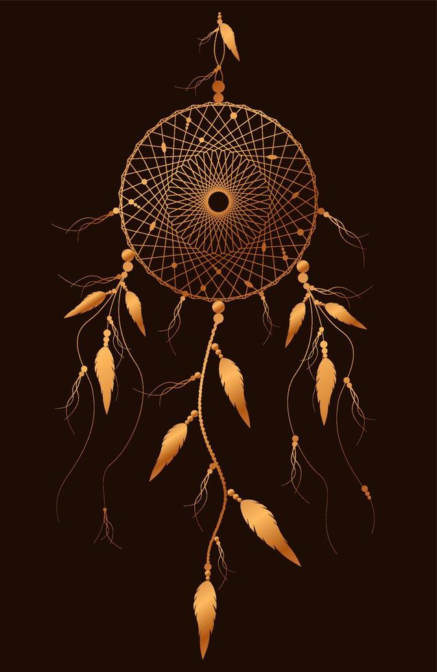 attrape-rêves avec ornement de mandala et plumes d'oiseaux. symbole mystique d'or, art ethnique avec design boho indien amérindien, vecteur isolé sur fond noir vintage ancien