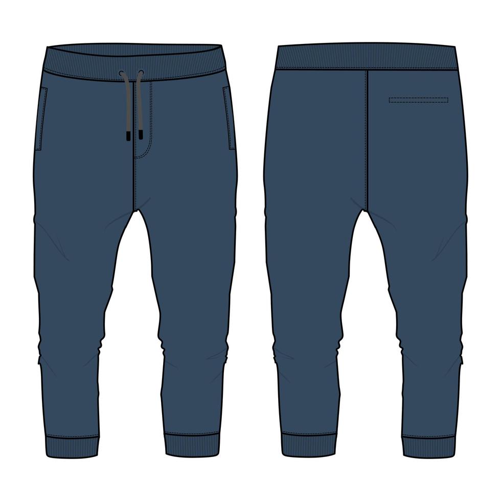 polaire coton jersey basique jogger pantalon de survêtement mode technique croquis plat illustration vectorielle modèle de couleur bleu marine vues avant et arrière isolées sur fond blanc. vecteur