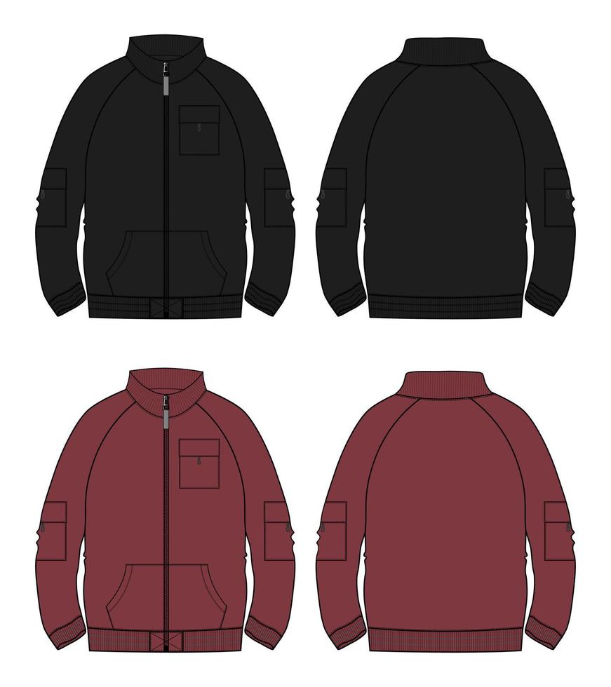 veste à manches longues mode technique croquis plat illustration vectorielle modèle de couleur rouge et noir vues avant et arrière. vecteur