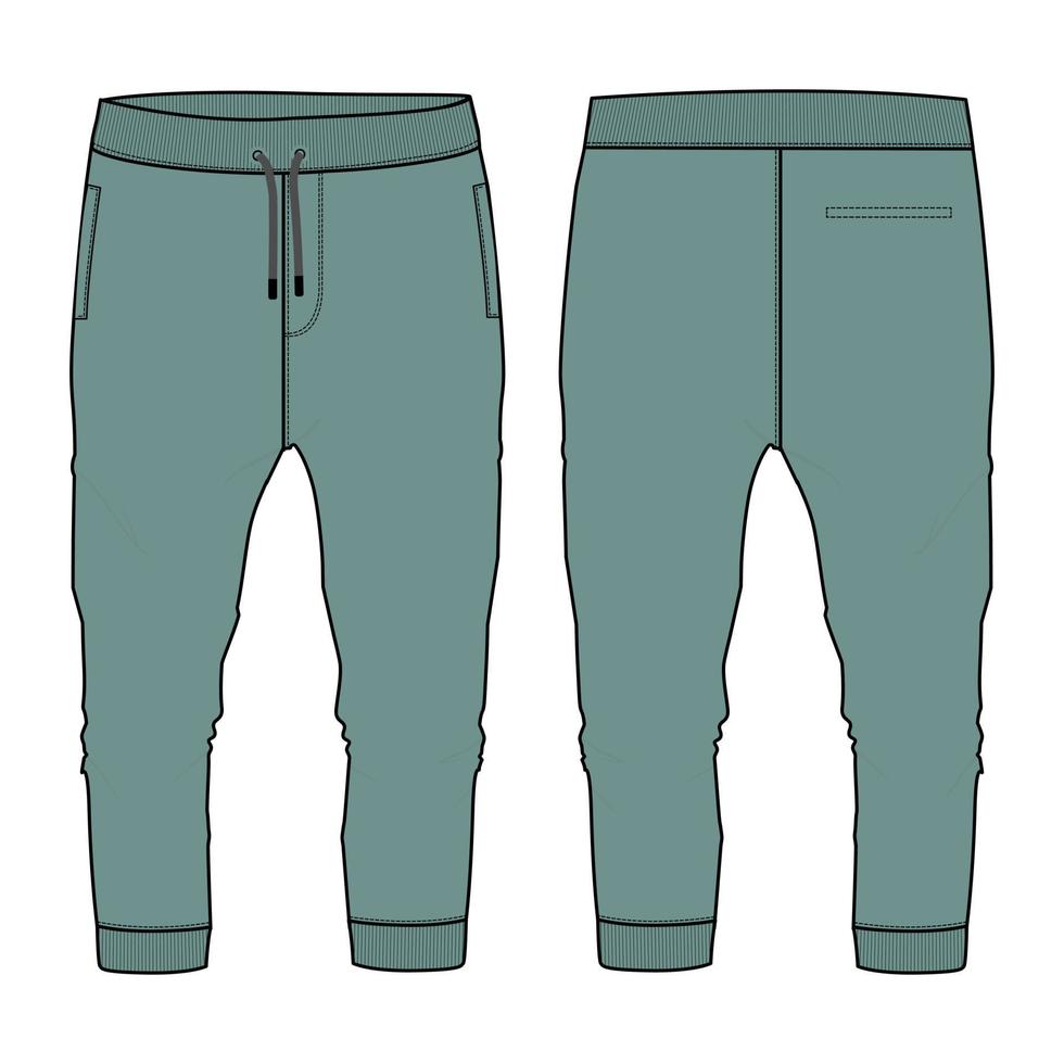 polaire coton jersey basique jogger pantalon de survêtement mode technique croquis plat illustration vectorielle modèle de couleur verte vues avant et arrière isolées sur fond blanc. vecteur