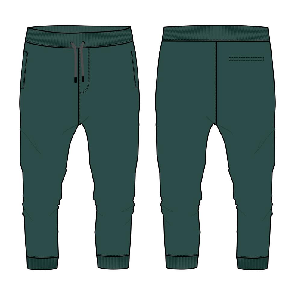 polaire coton jersey basique jogger pantalon de survêtement mode technique croquis plat illustration vectorielle modèle de couleur vert foncé vues avant et arrière isolées sur fond blanc. vecteur