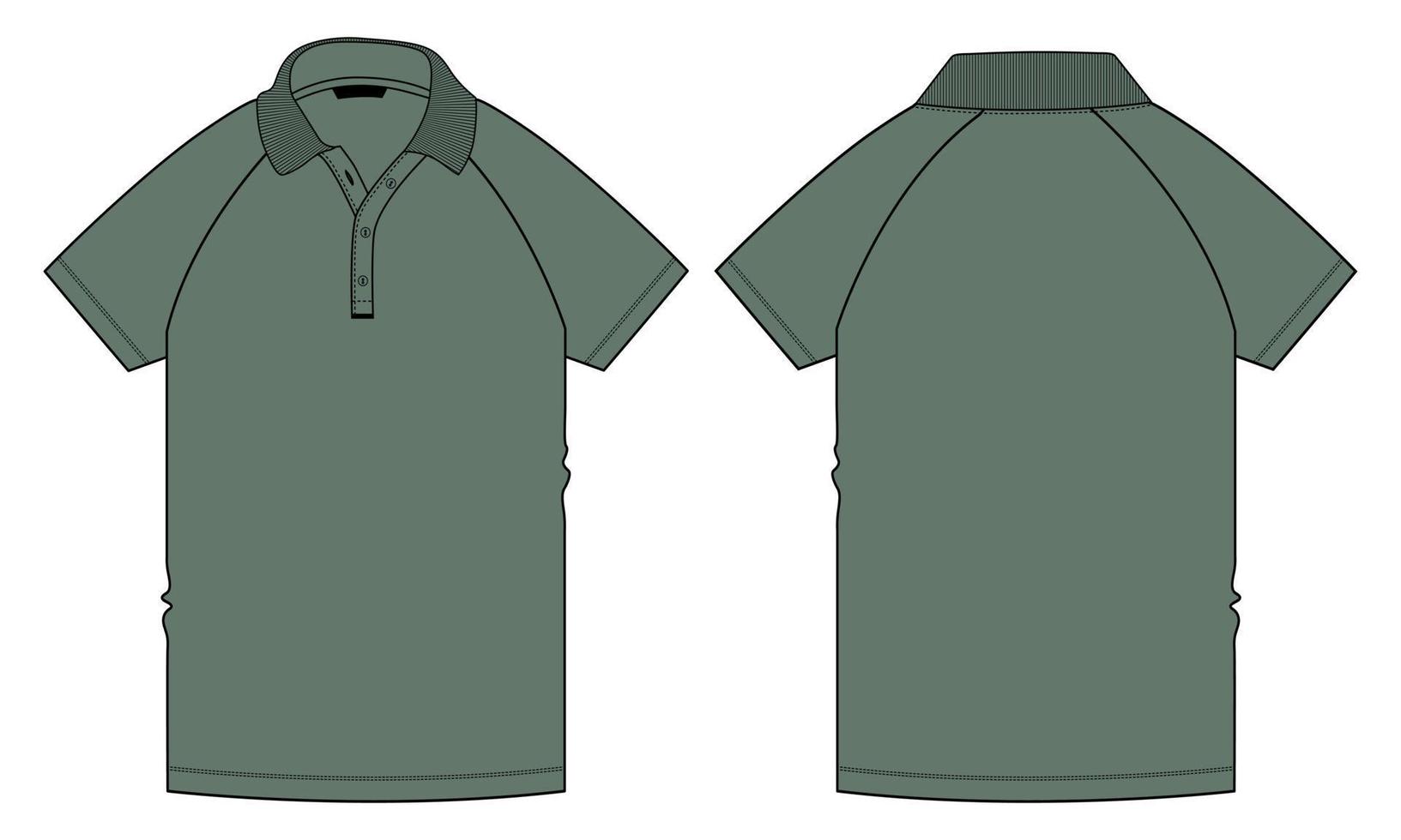 polo raglan à manches courtes mode technique croquis plat illustration vectorielle modèle de couleur verte vues avant et arrière isolées sur fond blanc. vecteur