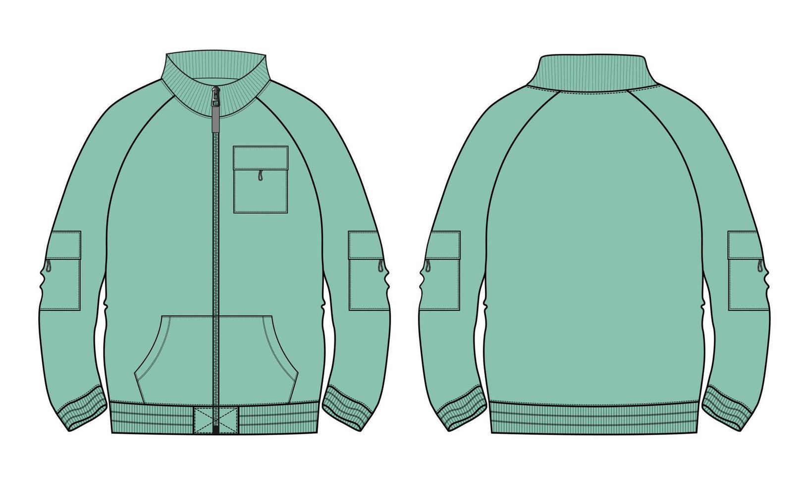 veste à manches longues mode technique croquis plat illustration vectorielle modèle de couleur verte vues avant et arrière. vecteur