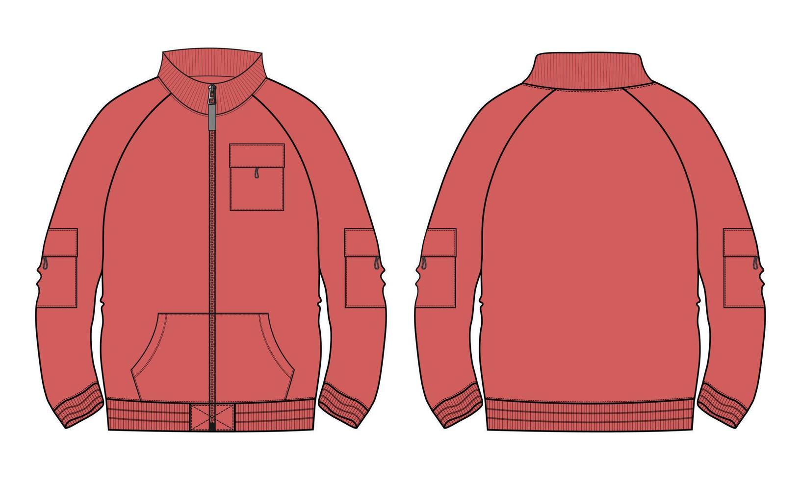 veste à manches longues mode technique croquis plat illustration vectorielle modèle de couleur rouge vues avant et arrière. vecteur