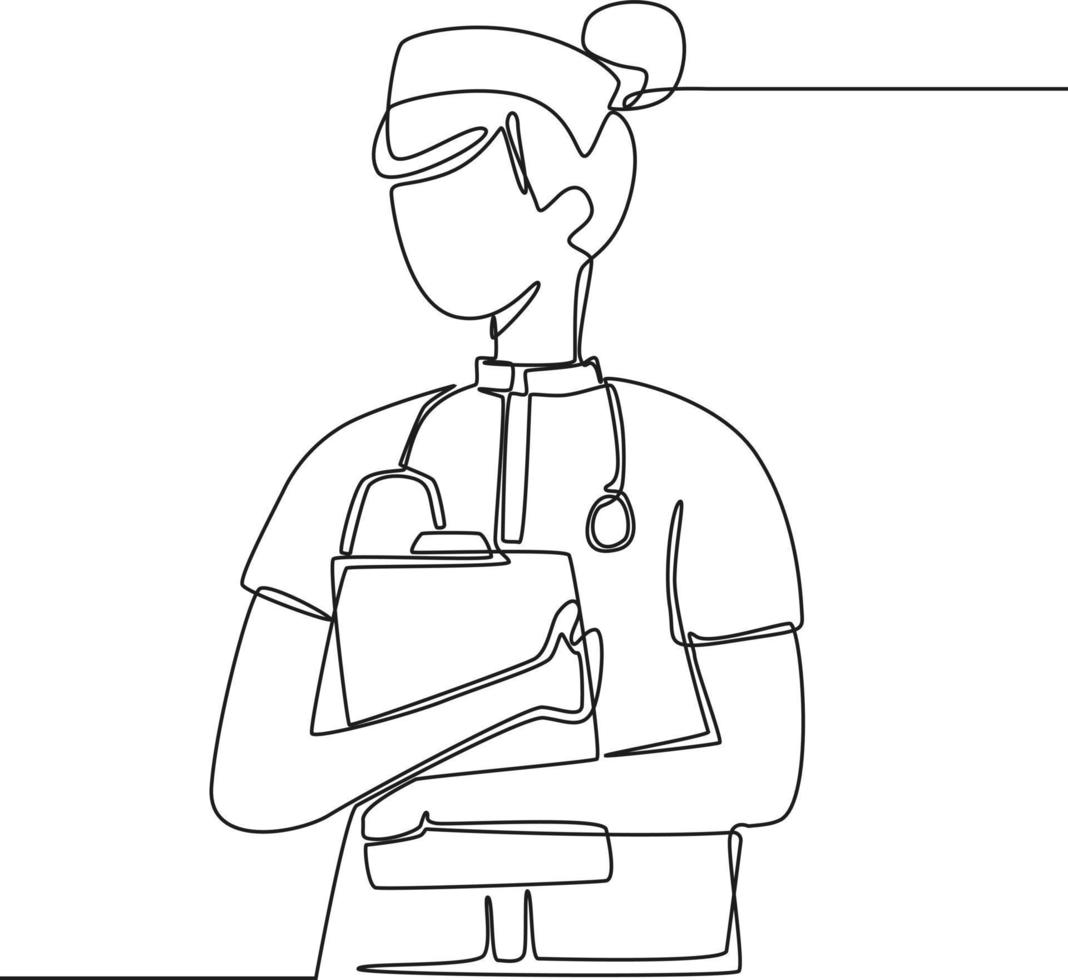 une infirmière à dessin en ligne continue porte un stéthoscope sur son épaule et une note. journée internationale des infirmières. illustration graphique vectorielle de dessin à une seule ligne. vecteur