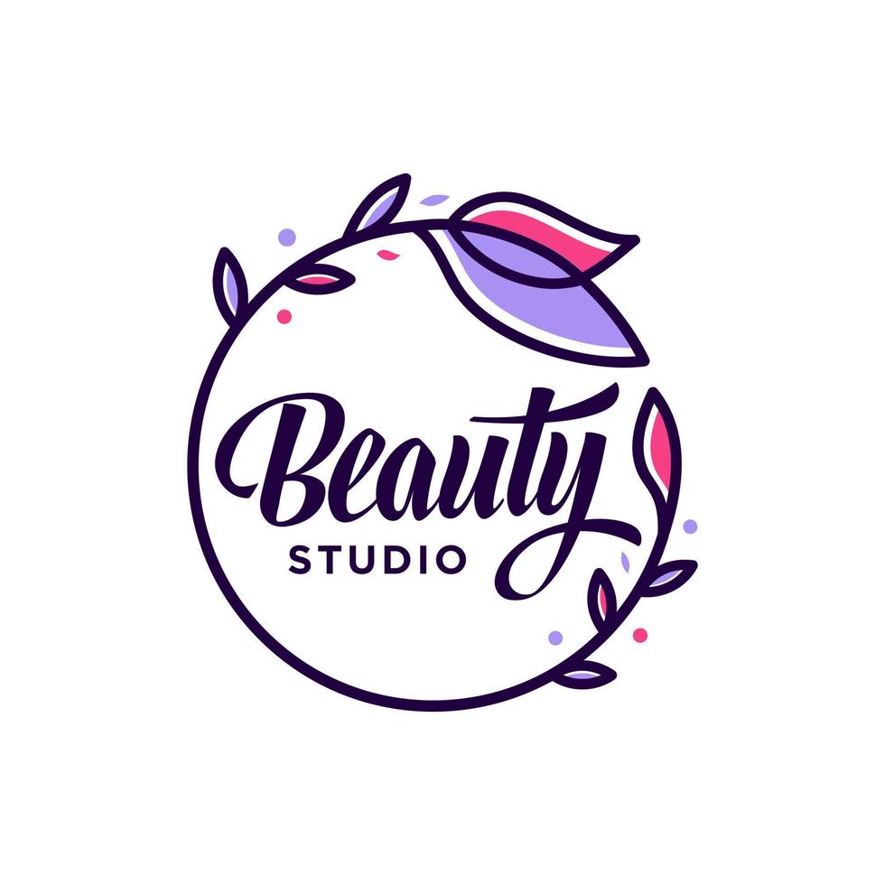 vecteur de doodle fleurs logo emblème avec modèle de conception de lettrage studio de beauté