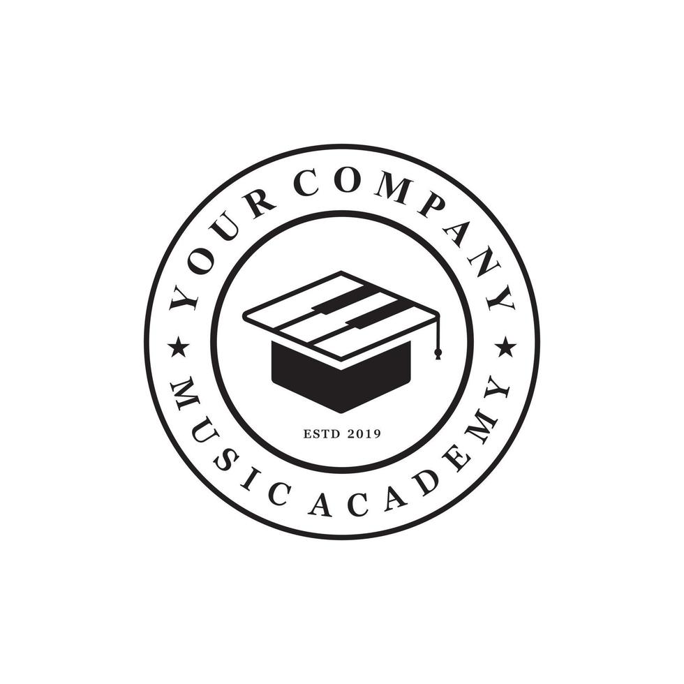 chapeau de graduation et logo de piano. modèle de conception d'académie de musique vecteur