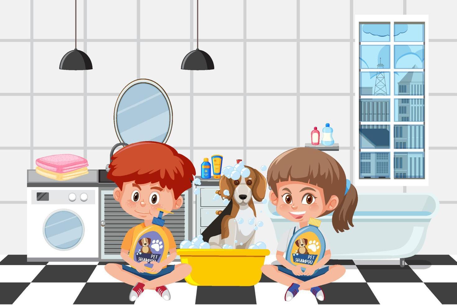 enfants avec leurs chiens dans la salle de bain vecteur