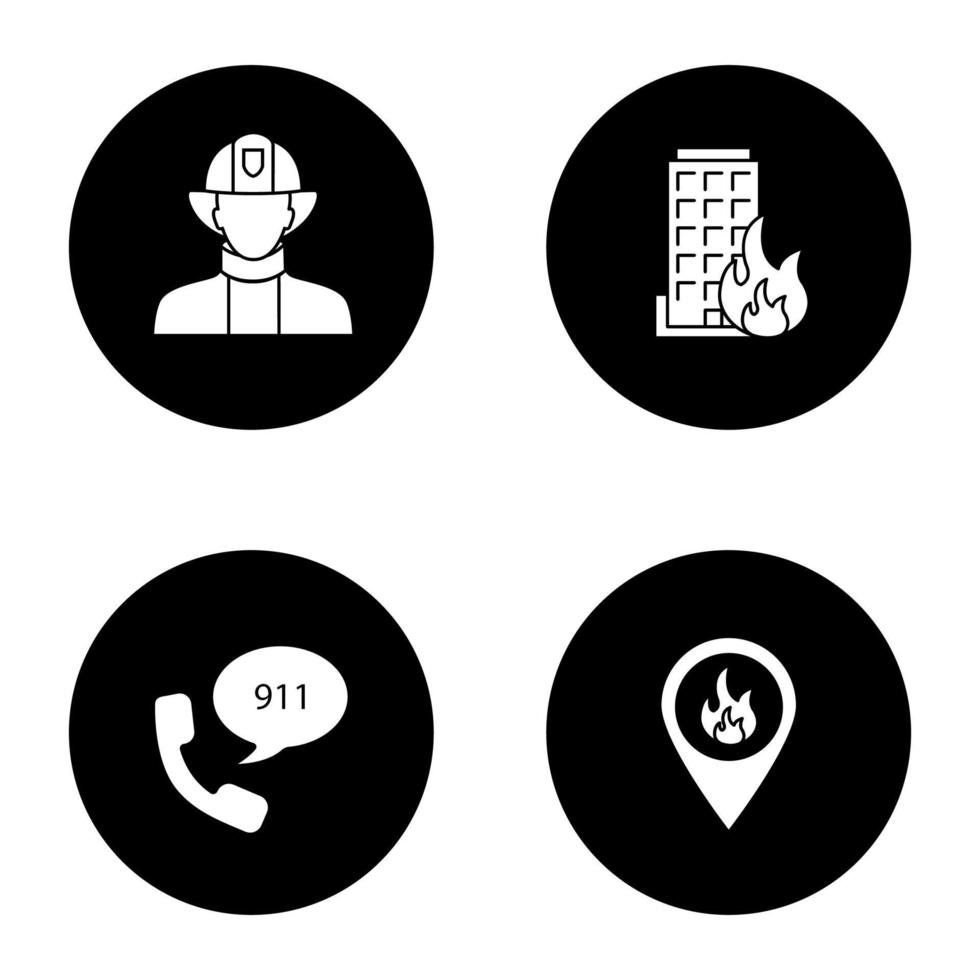 ensemble d'icônes de glyphe de lutte contre les incendies. pompier, lieu d'incendie, maison en feu, appel d'urgence. illustrations de silhouettes blanches vectorielles dans les cercles noirs vecteur