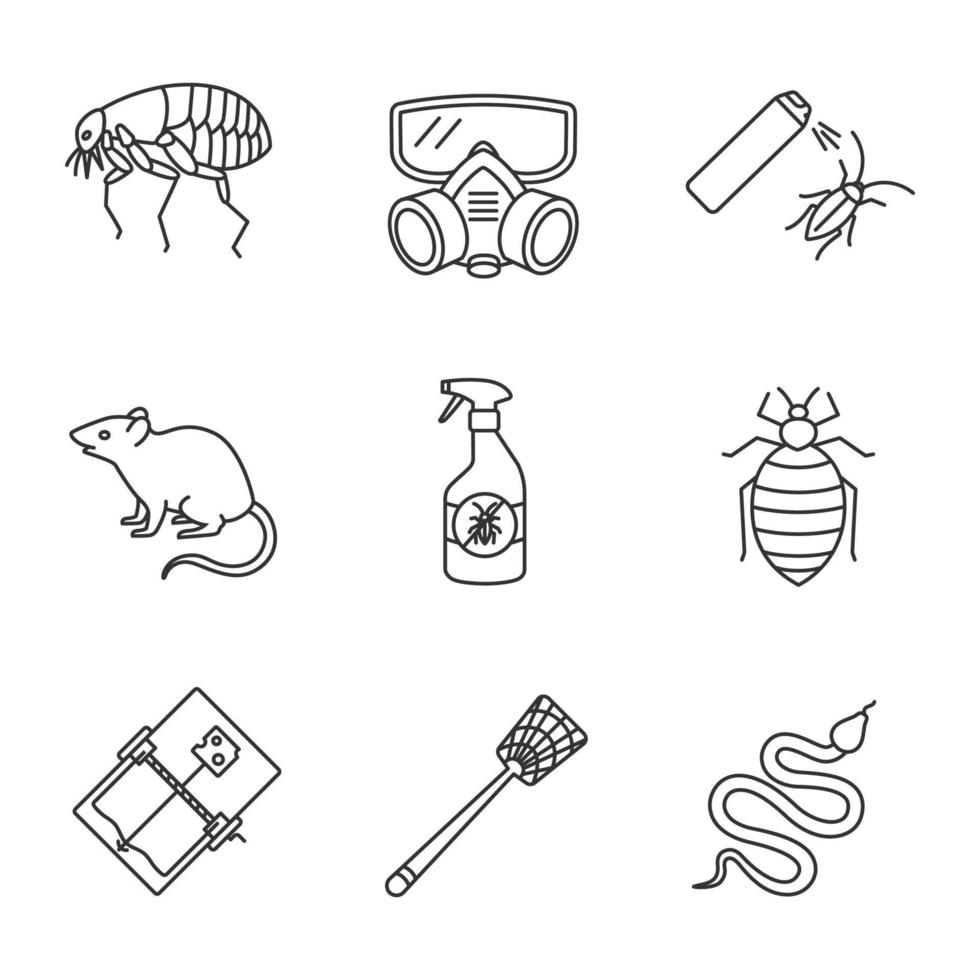 ensemble d'icônes linéaires de lutte antiparasitaire. puces, respirateur, anti-cafards, piège à souris, rongeurs, punaises de lit, serpent, tapette à mouches. symboles de contour de ligne mince. illustrations vectorielles isolées vecteur