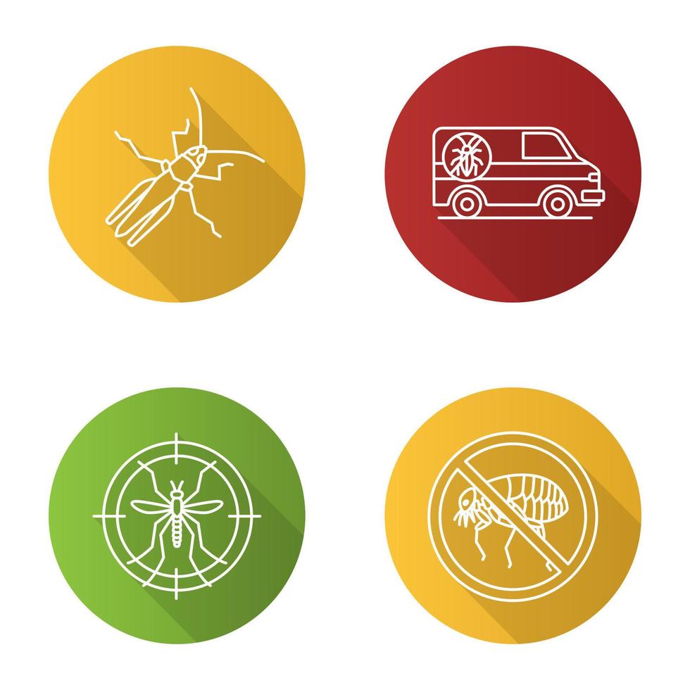 ensemble d'icônes plat linéaire grandissime de lutte antiparasitaire. sauterelle, voiture exterminatrice, cible moustiques, stop puces. illustration de contour de vecteur