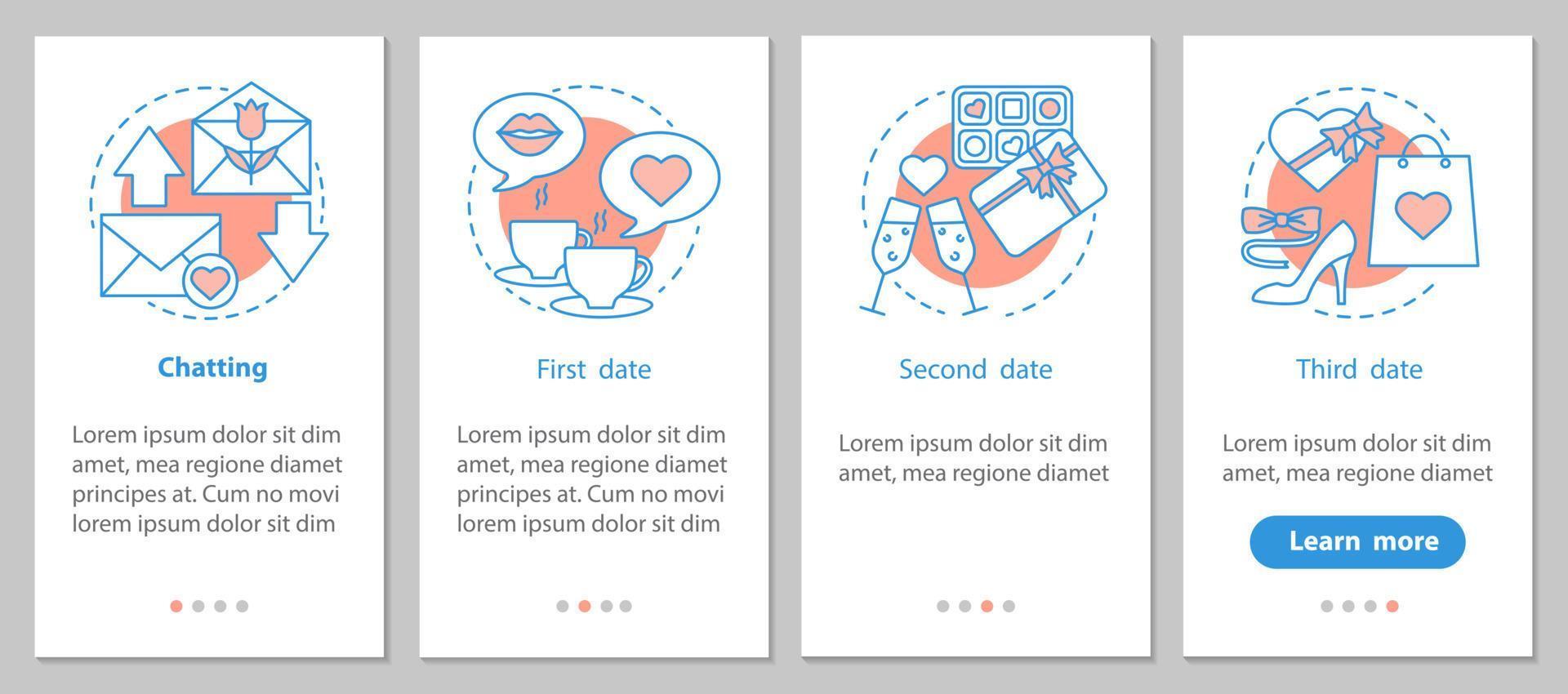 écran de page d'application mobile d'intégration de rencontres en ligne avec des concepts linéaires. étapes de développement des relations amoureuses instructions graphiques. ux, ui, modèle vectoriel gui avec illustrations