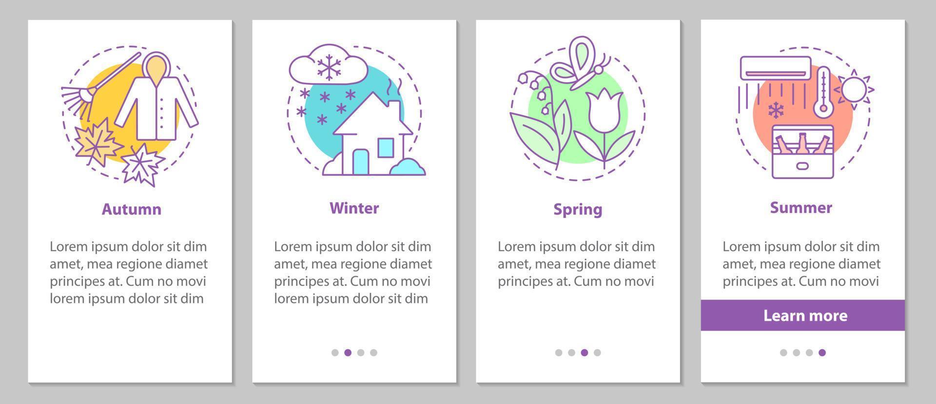 écran de page d'application mobile d'intégration quatre saisons avec des concepts linéaires. instructions graphiques des étapes d'hiver, d'automne, de printemps et d'été. ux, ui, modèle vectoriel gui avec illustrations