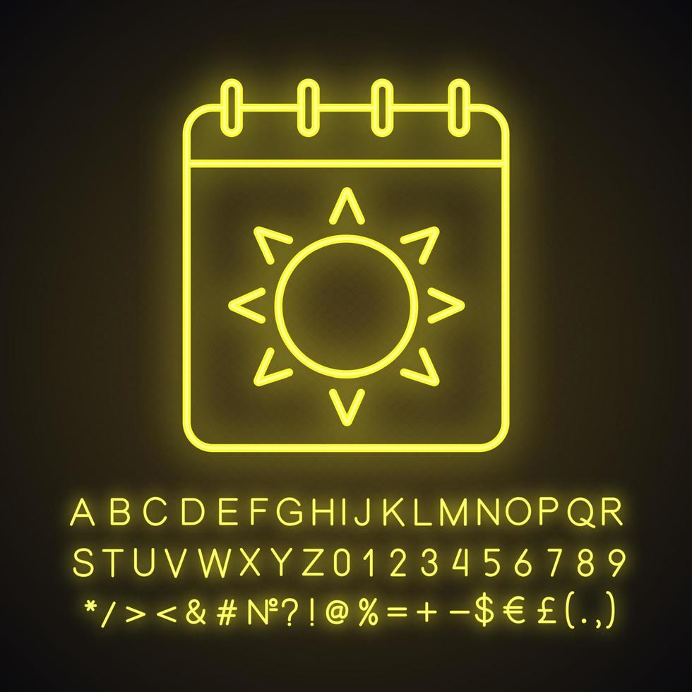 icône de néon de saison estivale. page de calendrier avec soleil. signe lumineux avec alphabet, chiffres et symboles. illustration vectorielle isolée vecteur