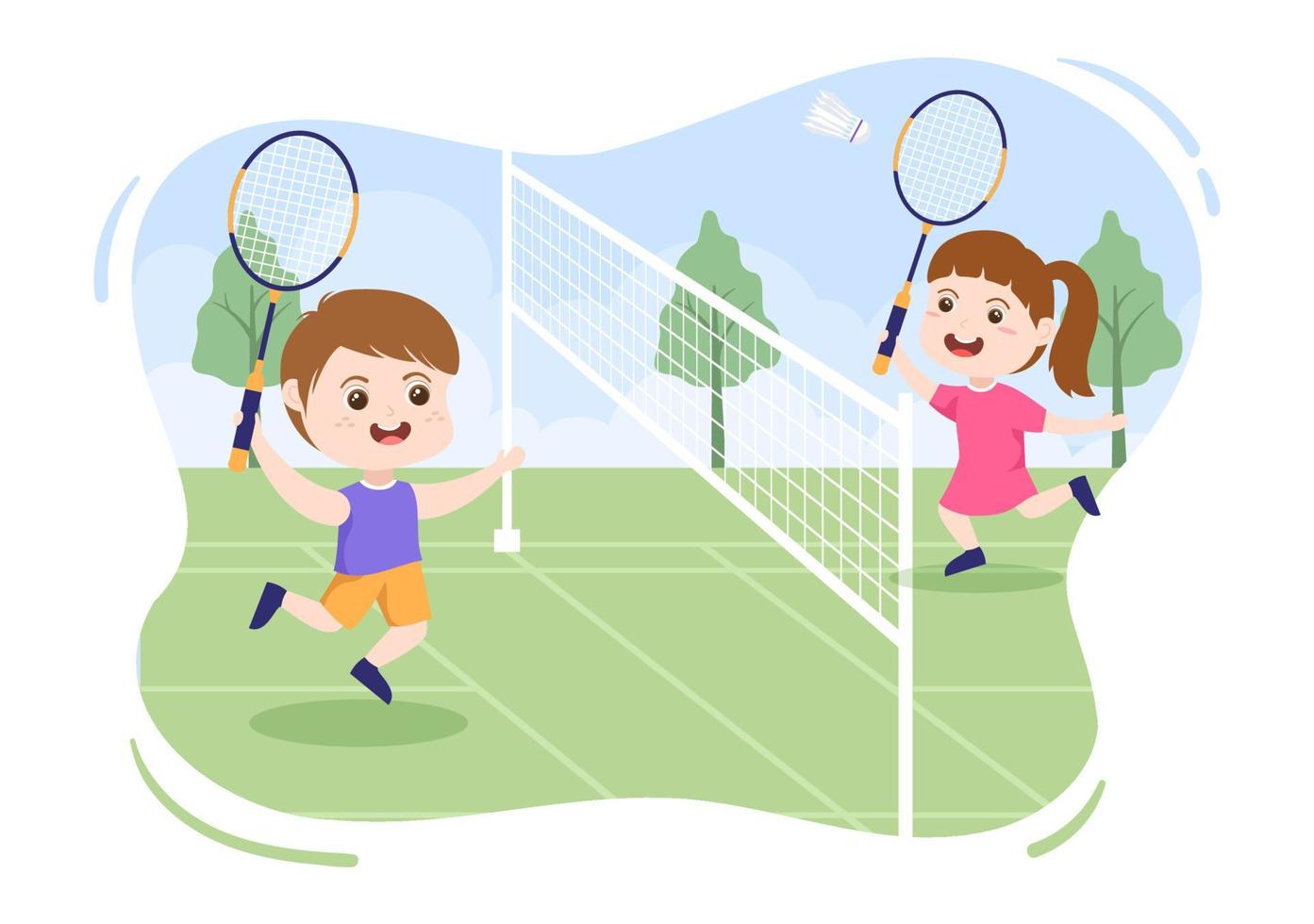 joueur de badminton avec navette sur le terrain en illustration de dessin animé de style plat. heureux de jouer au jeu de sport et à la conception de loisirs vecteur