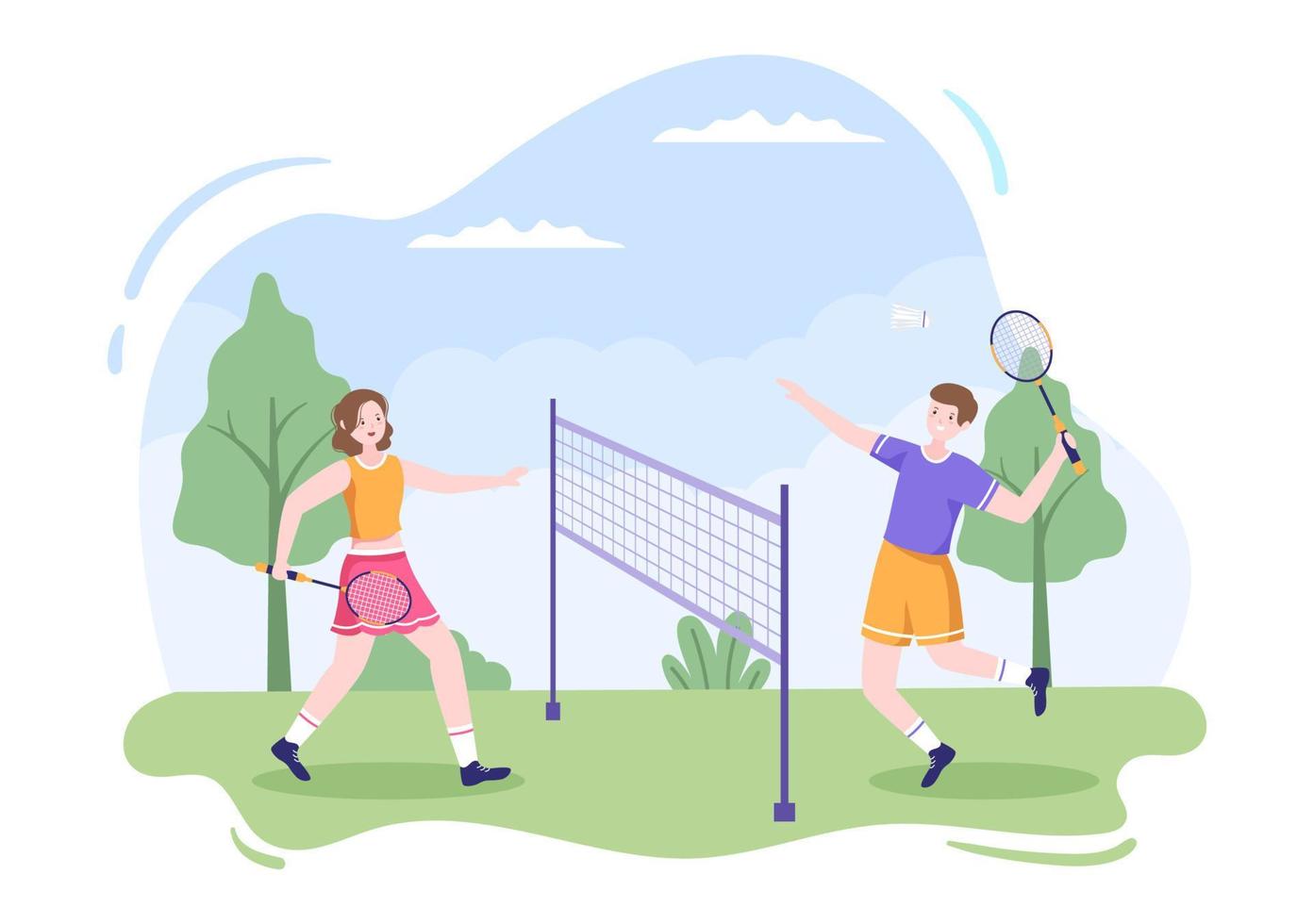 joueur de badminton avec navette sur le terrain en illustration de dessin animé de style plat. heureux de jouer au jeu de sport et à la conception de loisirs vecteur