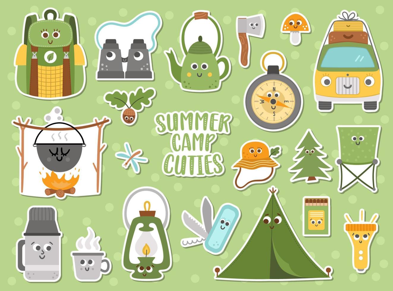 ensemble d'autocollants kawaii mignons de camp d'été de vecteur. camping, randonnée, collection de patchs d'équipement de pêche. pack d'icônes de tourisme nature en plein air avec sac à dos, fourgonnette, tente. patchs de voyage en forêt vecteur