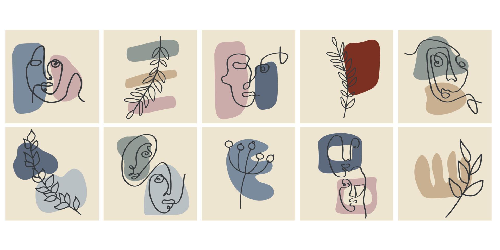 divers visages, feuilles et formes abstraites. illustrations vectorielles contemporaines sur fond de couleur. ligne, concept élégant minimaliste. parfait pour les médias sociaux, les cartes, les cartes postales. vecteur