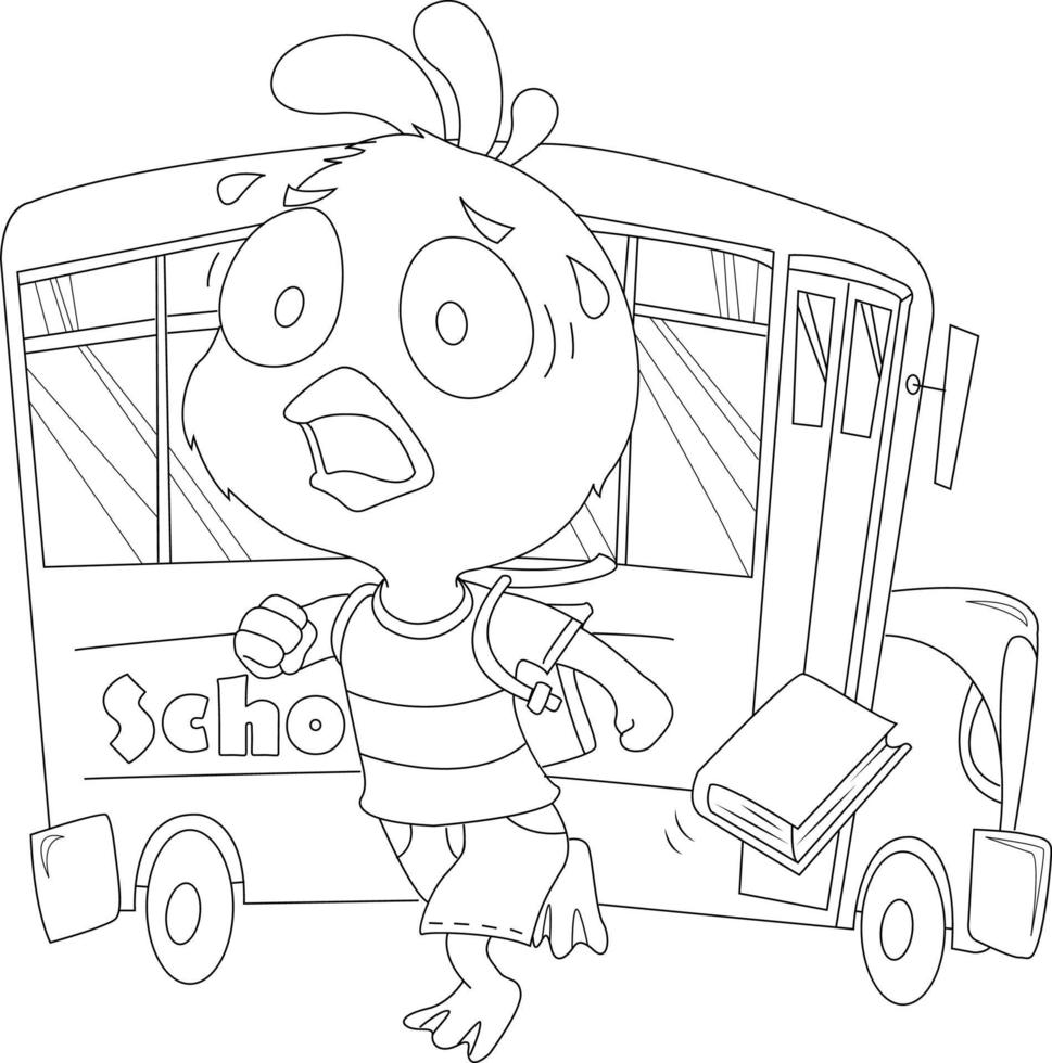 illustration de coloriage pour enfants avec poussin et autobus scolaire vecteur