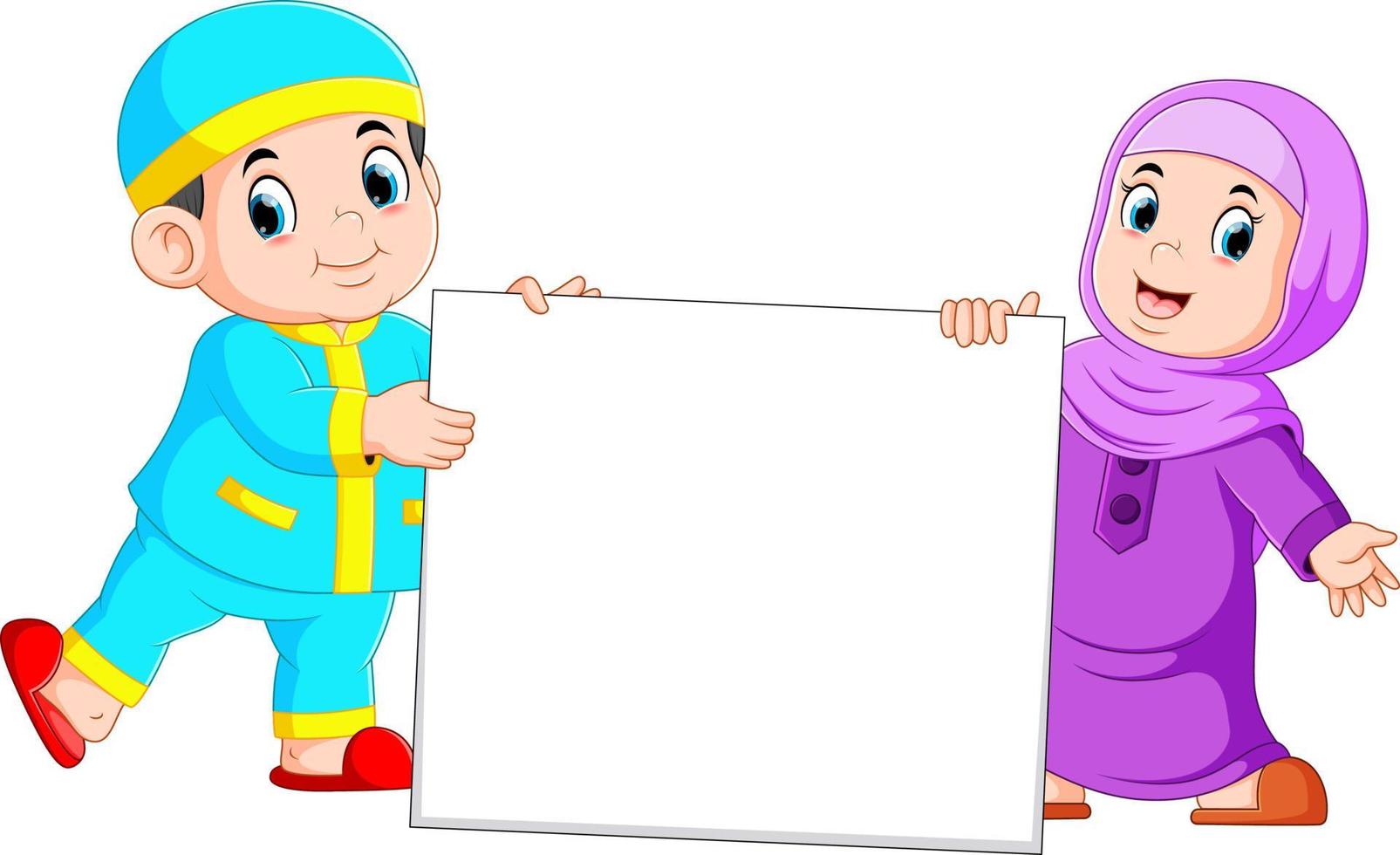 heureux enfant musulman tenant une pancarte blanche vecteur