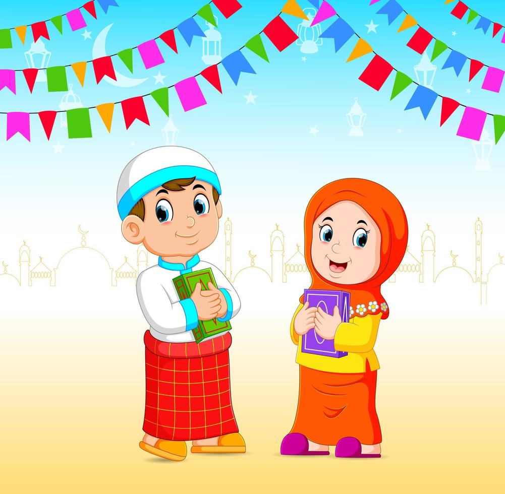 le garçon et la fille tiennent le coran lors de l'événement du ramadan vecteur