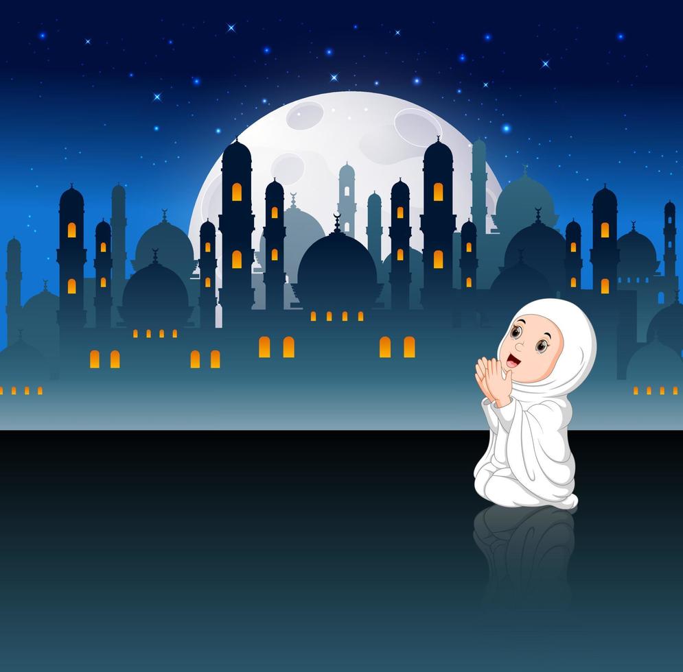 la jolie fille avec le tissu blanc prie dans la nuit du ramadan vecteur