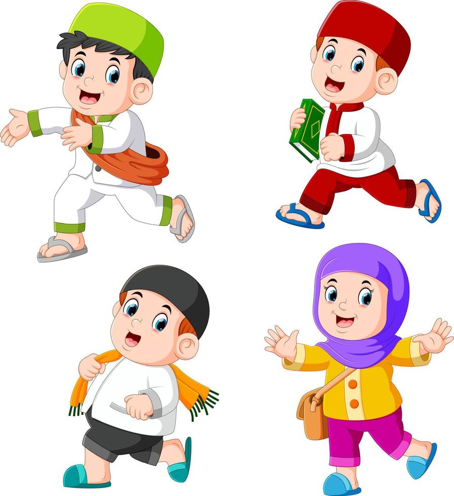 un groupe d'enfants musulmans avec les différentes poses vecteur