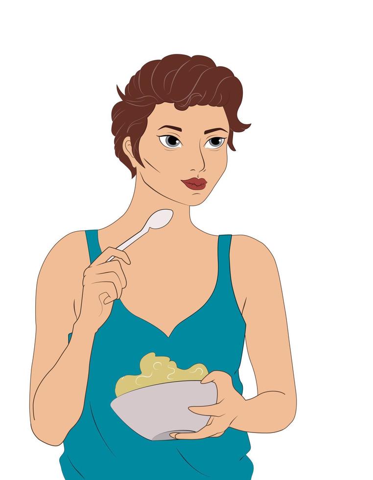 belle jeune brune en vêtements décontractés. jeune femme prenant son petit déjeuner. nourriture saine. l'heure du petit déjeuner. illustration vectorielle vecteur