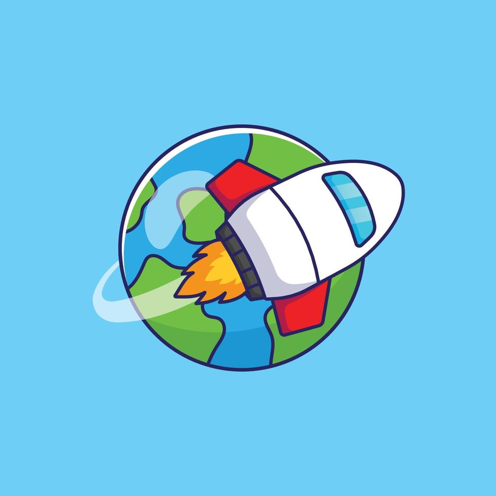 vaisseau spatial en orbite autour de l'icône de dessin animé de terre sur fond bleu vecteur
