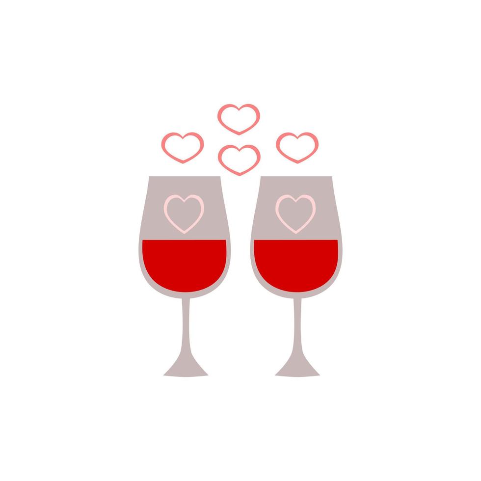 deux verres de vin avec l'icône du cœur. bonne saint valentin et symbole d'amour. vecteur