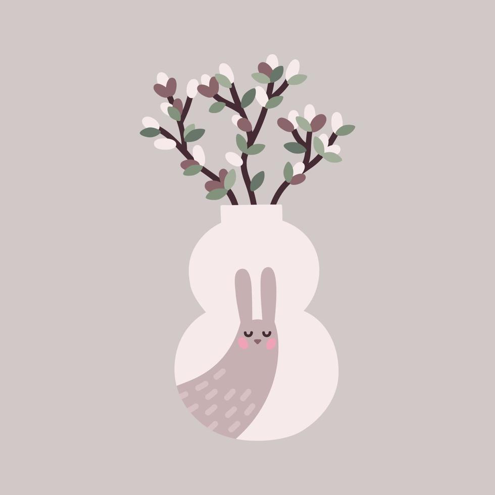 vase lapin de pâques avec branches printanières vecteur