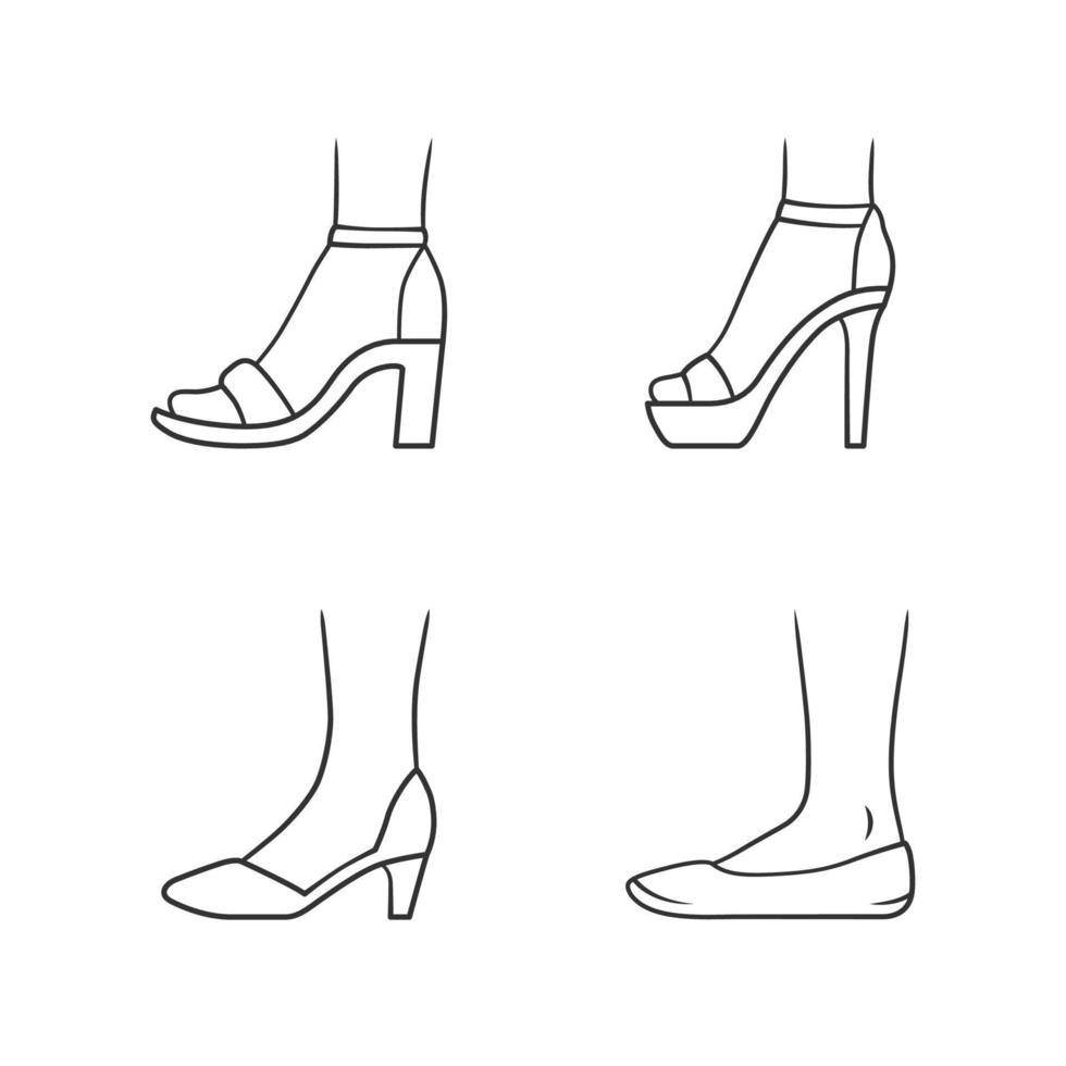 ensemble d'icônes linéaires de chaussures formelles pour femmes. chaussures élégantes à talons hauts pour femmes. escarpins classiques, ballerines, sandales. trait modifiable. symboles de contour de ligne mince. illustrations vectorielles isolées vecteur