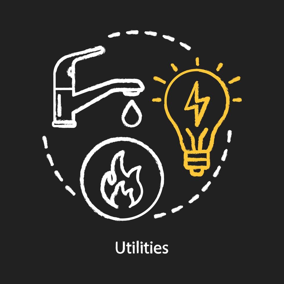 icône de concept de craie des services publics ménagers. services de logement public, eau, électricité, idée d'alimentation électrique. gaz naturel, système de chauffage de l'appartement. illustration de tableau isolé de vecteur