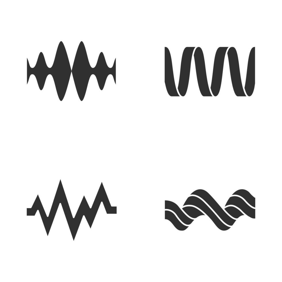 ensemble d'icônes de glyphe d'ondes sonores. symboles de silhouettes. ondes sonores. fréquence musicale. ligne vocale, ondes sonores qui se chevauchent. forme d'onde numérique abstraite. rythme cardiaque, battement, pouls. illustration vectorielle isolée vecteur