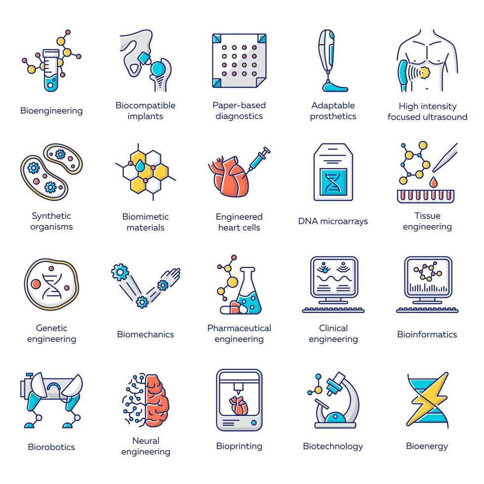 ensemble d'icônes de couleur de bio-ingénierie. la biotechnologie pour la santé et le confort. nouvelles méthodes de diagnostic et de traitement des maladies, génie génétique, intelligence artificielle. illustrations vectorielles isolées vecteur