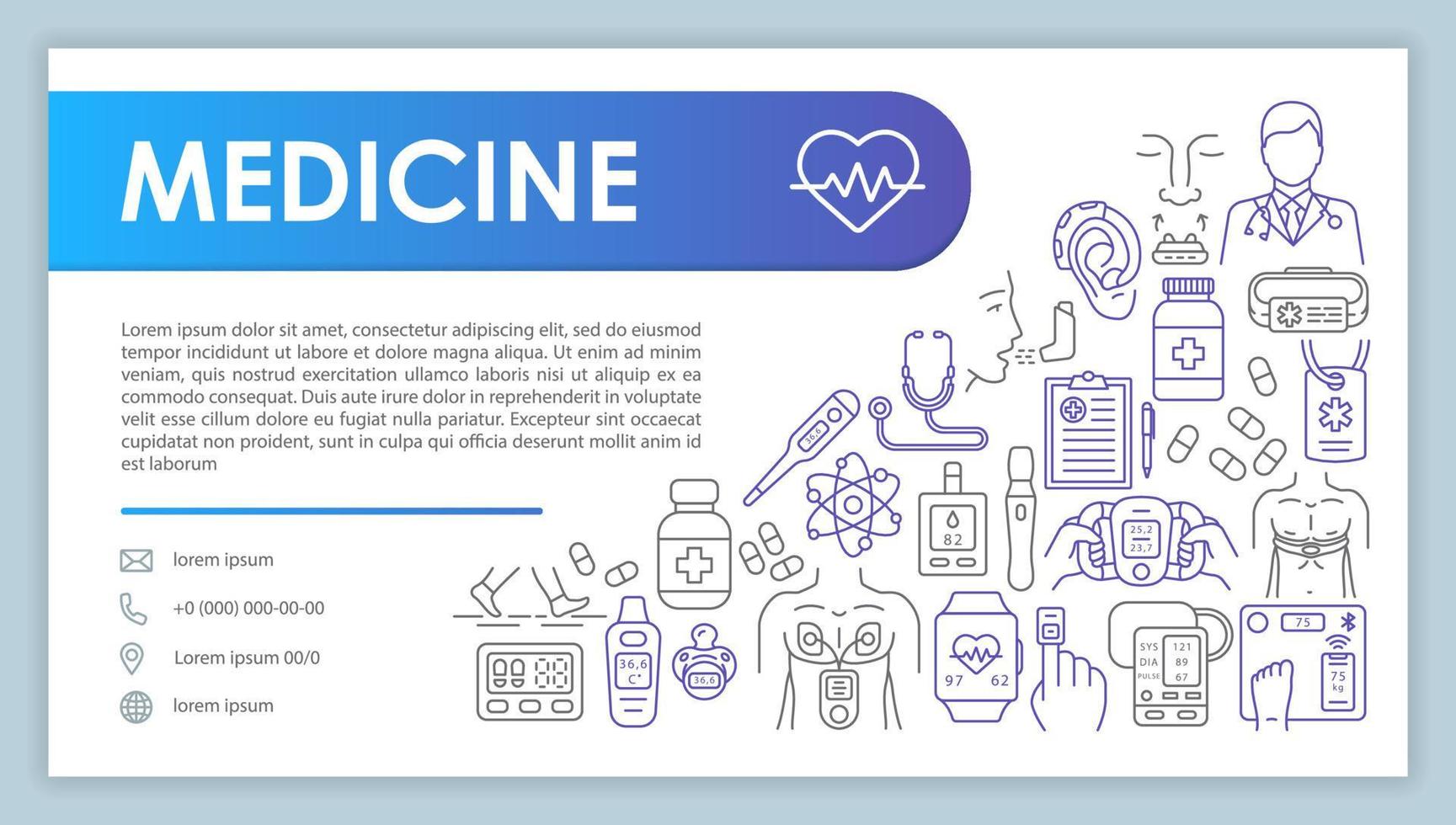 bannière web d'aide médicale, modèle vectoriel de carte de visite. page de contact de la société pharmaceutique avec téléphone, icônes linéaires de courrier électronique. présentation, idée de page web. mise en page de conception d'impression d'entreprise d'hôpital