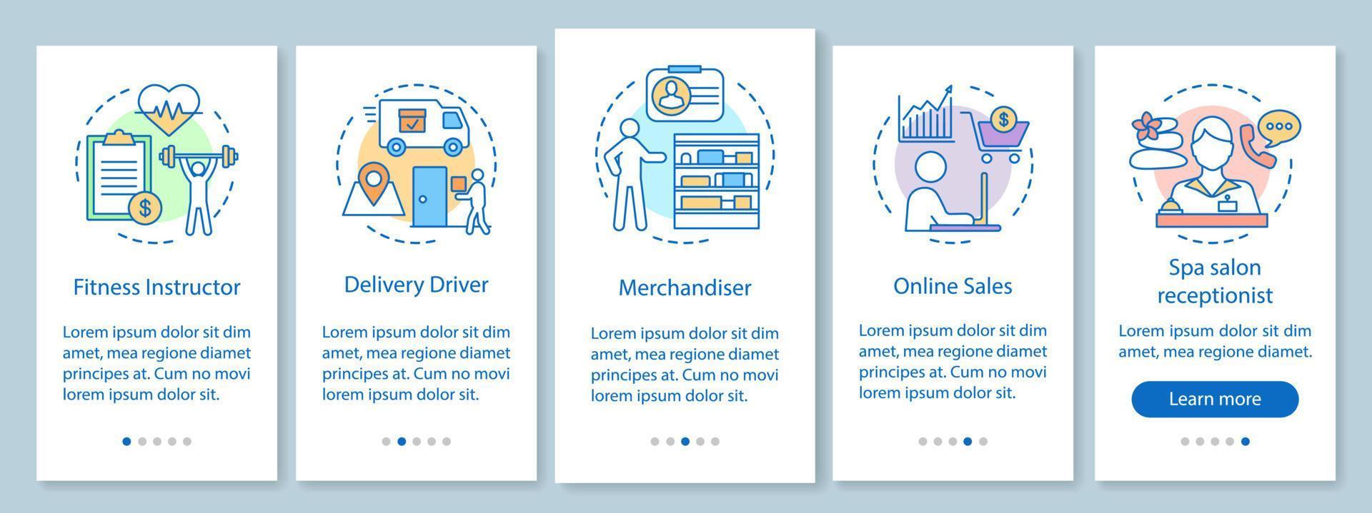 écran de page d'application mobile d'intégration d'emploi à temps partiel avec des concepts linéaires. instructeur de conditionnement physique, réceptionniste, instructions graphiques des étapes de la procédure pas à pas du conducteur. ux, ui, modèle vectoriel gui avec icônes