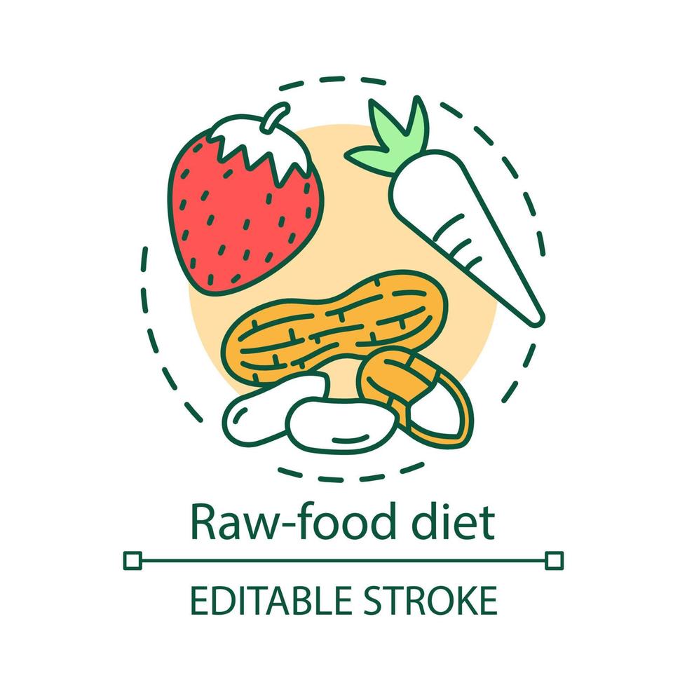 icône de concept de régime alimentaire cru. illustration de la ligne mince de l'idée de nutrition végétarienne. repas sain, mode de vie végétalien. dessin de contour isolé de vecteur de carotte, d'arachide et de fraise biologique. trait modifiable