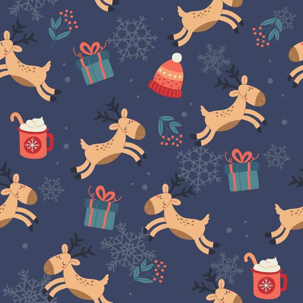 motif de noël avec des rennes mignons, des cadeaux et des tasses. fond festif avec des éléments dessinés à la main, illustration vectorielle vecteur