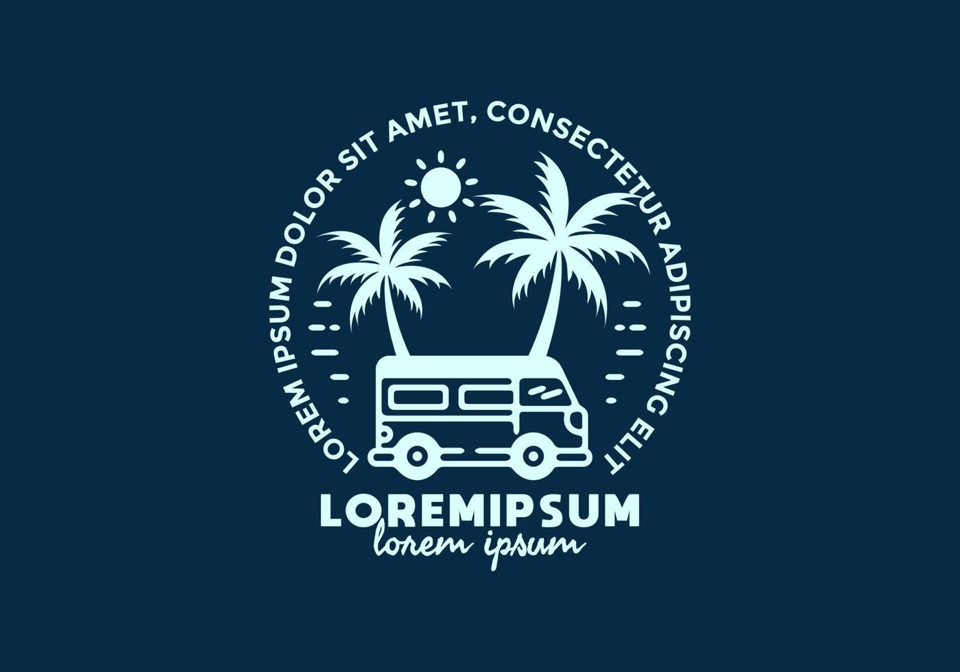 voiture de camping-car sur la plage dessin au trait avec texte lorem ipsum vecteur