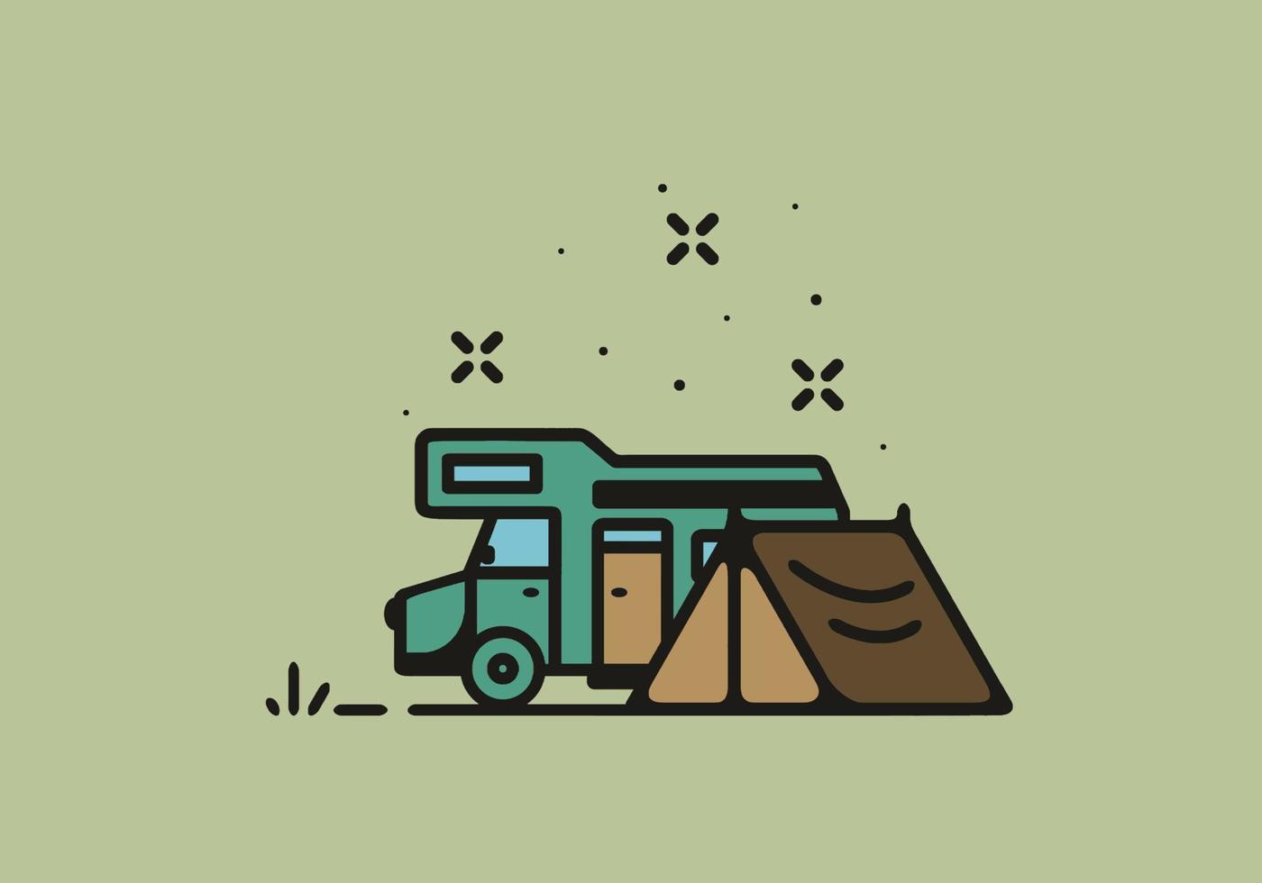 camping avec illustration d'art en ligne de camping-car vecteur