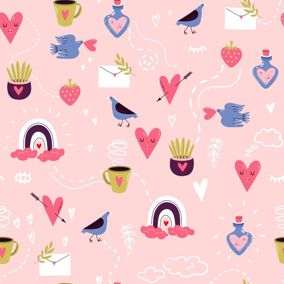 modèle vectorielle continue avec des oiseaux drôles et des coeurs. illustration d'amour romantique pour le textile, le tissu, le fond, l'emballage. Saint Valentin vecteur