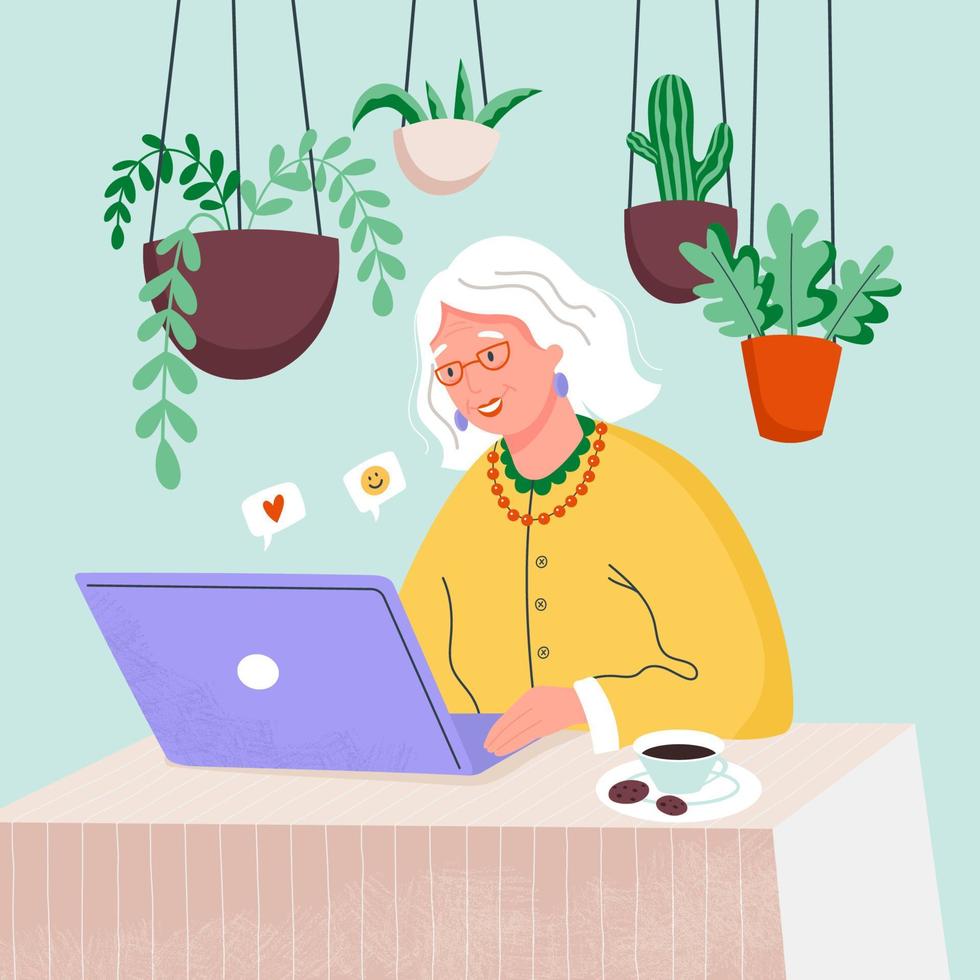 grand-mère heureuse avec l'ordinateur portable à la maison. vieille femme travaillant en ligne vecteur